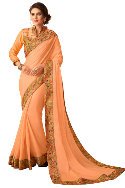 Peach Georgette Border Embroidered Fancy Designer Saree Sari
