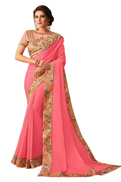 Pink Georgette Border Embroidered Fancy Designer Saree Sari