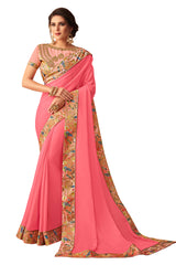 Pink Georgette Border Embroidered Fancy Designer Saree Sari