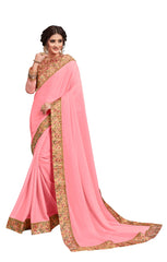 Pink Georgette Border Embroidered Fancy Designer Saree Sari