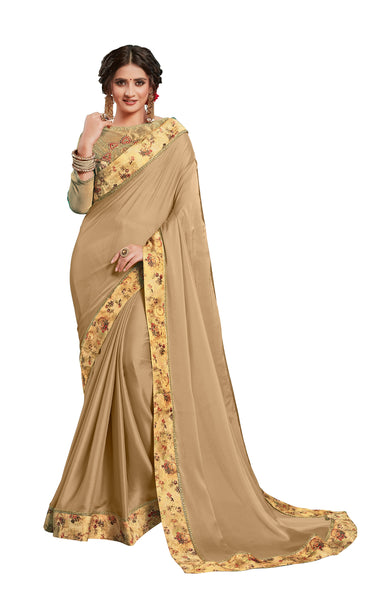 Beige Georgette Border Embroidered Fancy Designer Saree Sari