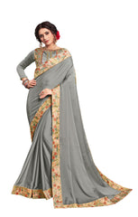 Grey Georgette Border Embroidered Fancy Designer Saree Sari