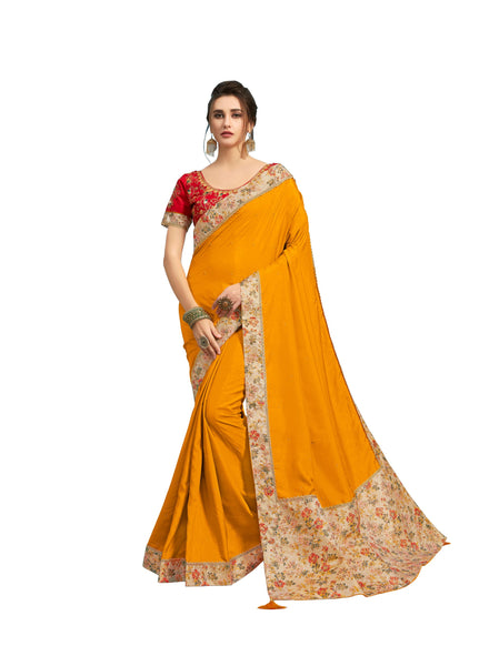 Yellow Poly Silk Heavy Work Saree Sari