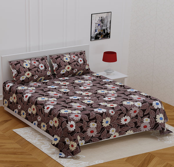 Brown Glace Cotton Double Bed Printed Bedsheet