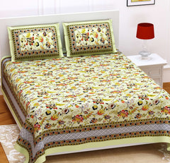 Yellow Pure Cotton Double Bed Ethnic Jaipuri Printed Bedsheet
