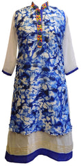 Blue & White Designer Cotton (Chanderi) Kurti With Attached Skirt
