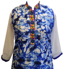 Blue & White Designer Cotton (Chanderi) Kurti With Attached Skirt