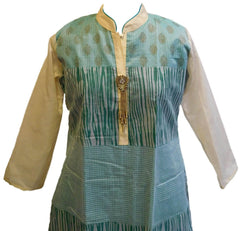 Turquoise & White Designer Cotton (Chanderi) Kurti