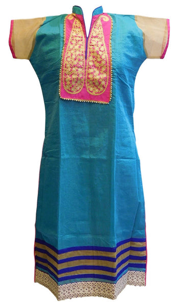 Blue & Pink Designer Cotton (Chanderi) Kurti