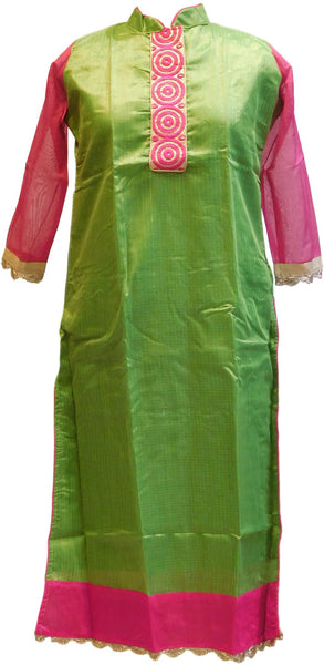 Pink & Green Designer Cotton (Chanderi) Kurti