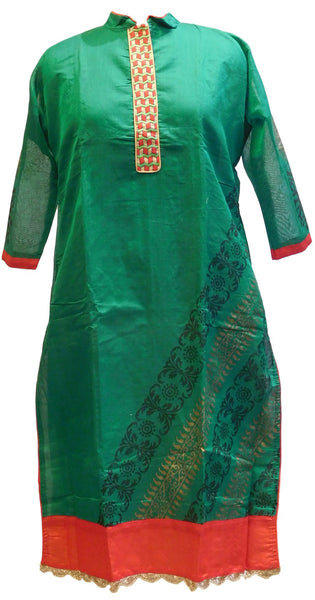 Sea Green & Red Designer Cotton (Chanderi) Kurti