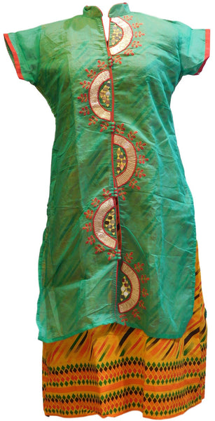 Green & Orange Designer Cotton (Chanderi) Kurti
