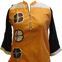 Yellow, Black & White Designer Cotton (Chanderi) Kurti
