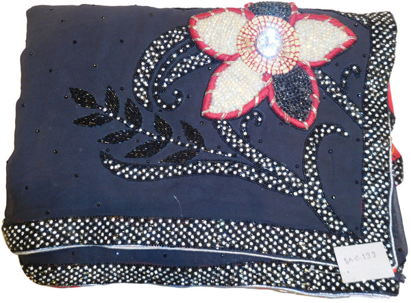 Red & Grey Designer Georgette Saree With Hand Embroidery Border