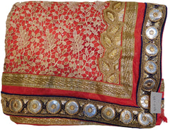 Red & Cream Lahenga Style Designer Georgette (Viscos) Hand Embroidery Zari Sequence Thread Work Saree Sari