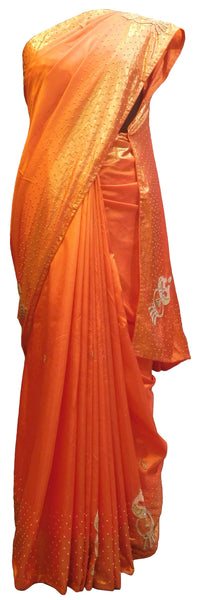 SMSAREE Orange Designer Wedding Partywear Silk Beads & Pearl Hand Embroidery Work Bridal Saree Sari With Blouse Piece E725