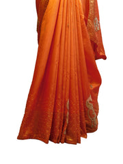 SMSAREE Orange Designer Wedding Partywear Silk Beads & Pearl Hand Embroidery Work Bridal Saree Sari With Blouse Piece E725