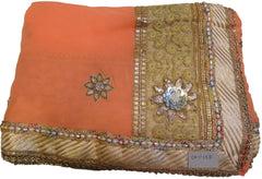 Peach Designer Georgette (Viscos) Hand Embroidery Zari Sequence Stone Pearl Thread Saree Sari