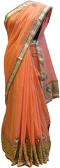 Peach Designer Georgette (Viscos) Hand Embroidery Zari Sequence Stone Pearl Thread Saree Sari