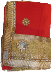 Red Designer Georgette (Viscos) Hand Embroidery Zari Sequence Stone Pearl Thread Work Saree Sari