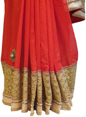 Red Designer Georgette (Viscos) Hand Embroidery Zari Sequence Stone Pearl Thread Work Saree Sari