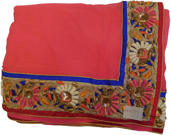 Pink Designer Georgette Saree With Cutdana, Pearl, Sequence, Bullion Work Border