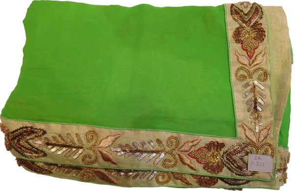 Green Designer Georgette Saree With Pearl, Cutdana, Bullion Work Border