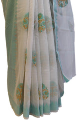 Turquoise & White Designer Supernet Saree With Self Weaved Zari And Thread Embroidery Work