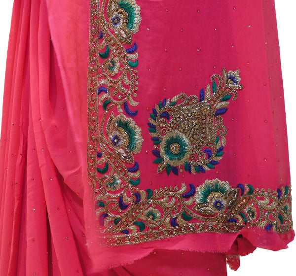 Pink Designer Georgette Saree With Stone,Bullion & Cutdana Work Border