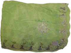 Green Designer Crepe (Chinon) Hand Embroidery Thread Stone Pearl Cutwork Border Saree Sari