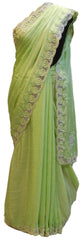 Green Designer Crepe (Chinon) Hand Embroidery Thread Stone Pearl Cutwork Border Saree Sari