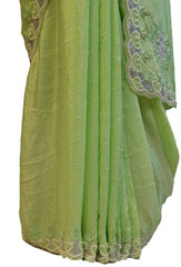 Green Designer Crepe (Chinon) Hand Embroidery Cutwork Border Saree