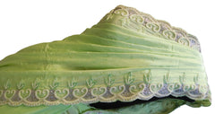 Green Designer Crepe (Chinon) Hand Embroidery Thread Stone Pearl Cutwork Border Saree Sari