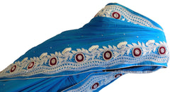Blue Designer Crepe (Chinon) Hand Embroidery Cutwork Border Saree
