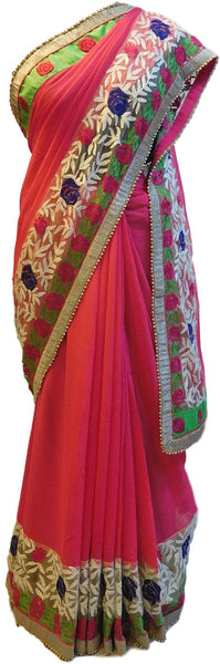 Pink Designer Georgette (Viscos) Saree With Thread Embroidery