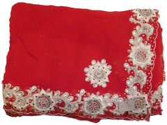 Red Designer Georgette (Viscos) Hand Embroidery Heavy Cutwork Border Saree Sari