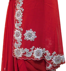 Red Designer Georgette (Viscos) Hand Embroidery Heavy Cutwork Border Saree Sari