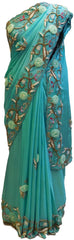 Turquoise Designer Crepe (Chinon) Hand Embroidery Cutwork Border Saree Sari