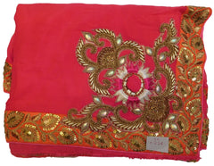Pink & Yellow Designer Crepe (Chinon) & Khaddi Hand Embroidery Lahenga Style Saree Sari