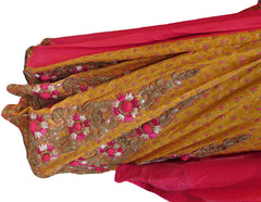 Pink & Yellow Designer Crepe (Chinon) & Khaddi Hand Embroidery Lahenga Style Saree Sari