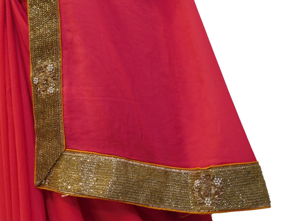 Pink Designer Georgette (Viscos) Hand Embroidery Saree With Heavy Blouse