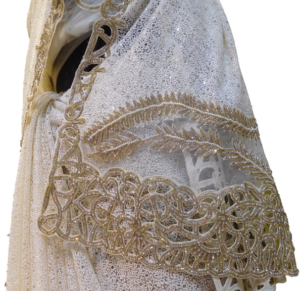 The Show Stopper White Net Hand Embroidery Heavy Cutwork Border Saree Sari
