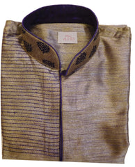 Grey & Blue Designer Partywear Thread Embroidery Mens Kurta