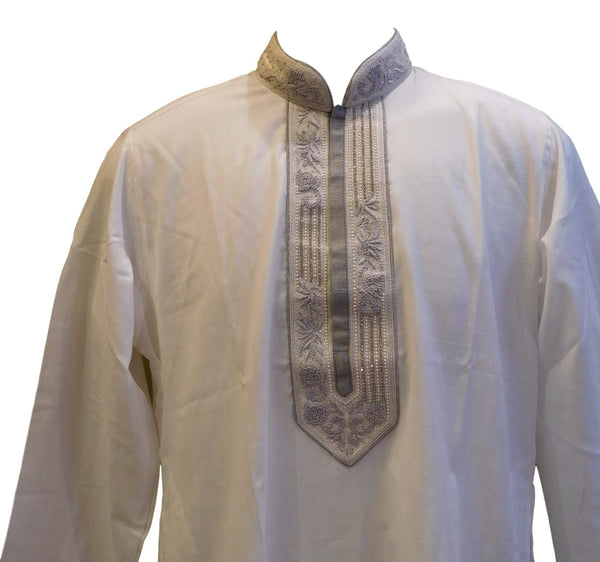 White & Grey Stylist Designer Partywear Hand Embroidery Mens Kurta