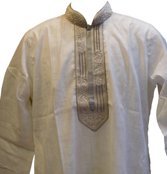 White & Grey Stylist Designer Partywear Hand Embroidery Mens Kurta