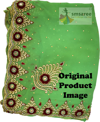 Green Designer Wedding Partywear Silk Thread Cutdana Stone Hand Embroidery Work Bridal Saree Sari With Blouse Piece H304