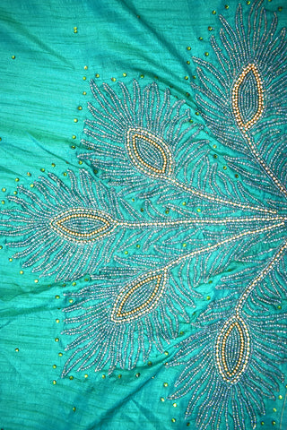Sea Green Designer Wedding Partywear Silk Stone Thread Hand Embroidery Work Bridal Saree Sari With Blouse Piece H039