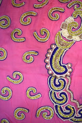 Pink Designer Wedding Partywear Georgette Stone Zari Hand Embroidery Work Bridal Saree Sari With Blouse Piece H038