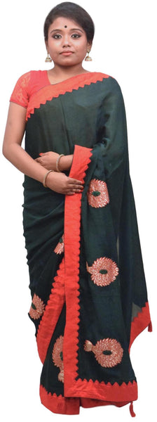 Green Designer Wedding Partywear Crepe (Chinon) Hand Embroidery Thread Zari Gota Work Kolkata Saree Sari E176