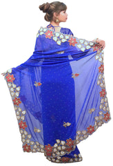 Blue Designer Wedding Partywear Georgette Hand Embroidery Cutdana Stone Thread Work Kolkata Heavy Cutwork Border Saree Sari E180
